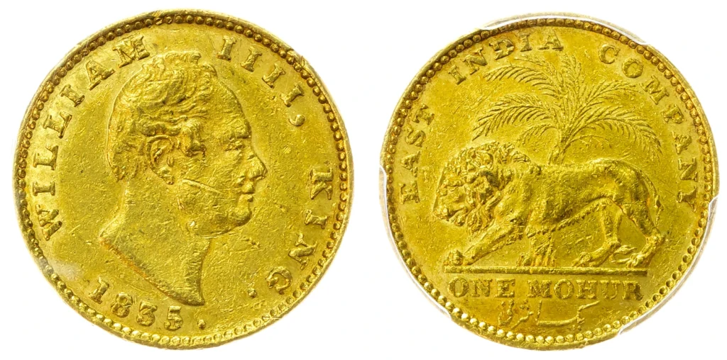 Gold mohur from East Indian Company for auction