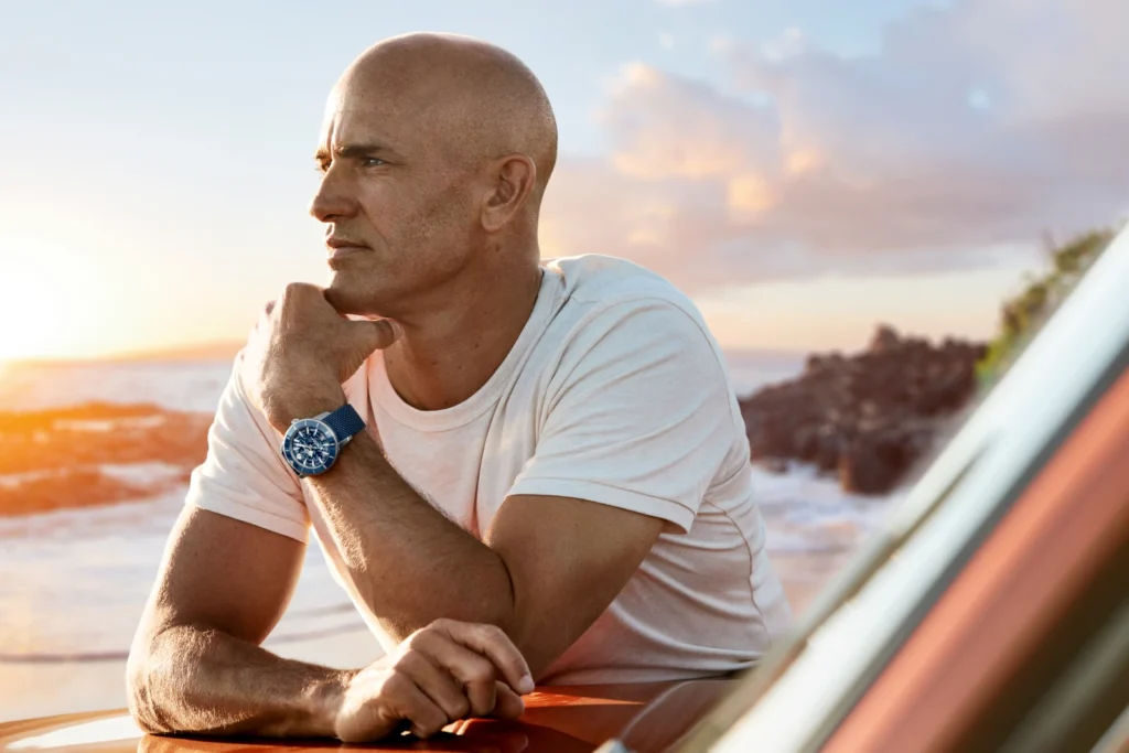 Kelly Slater wearing the Superocean Heritage B31 Automatic 40 Kelly Slater